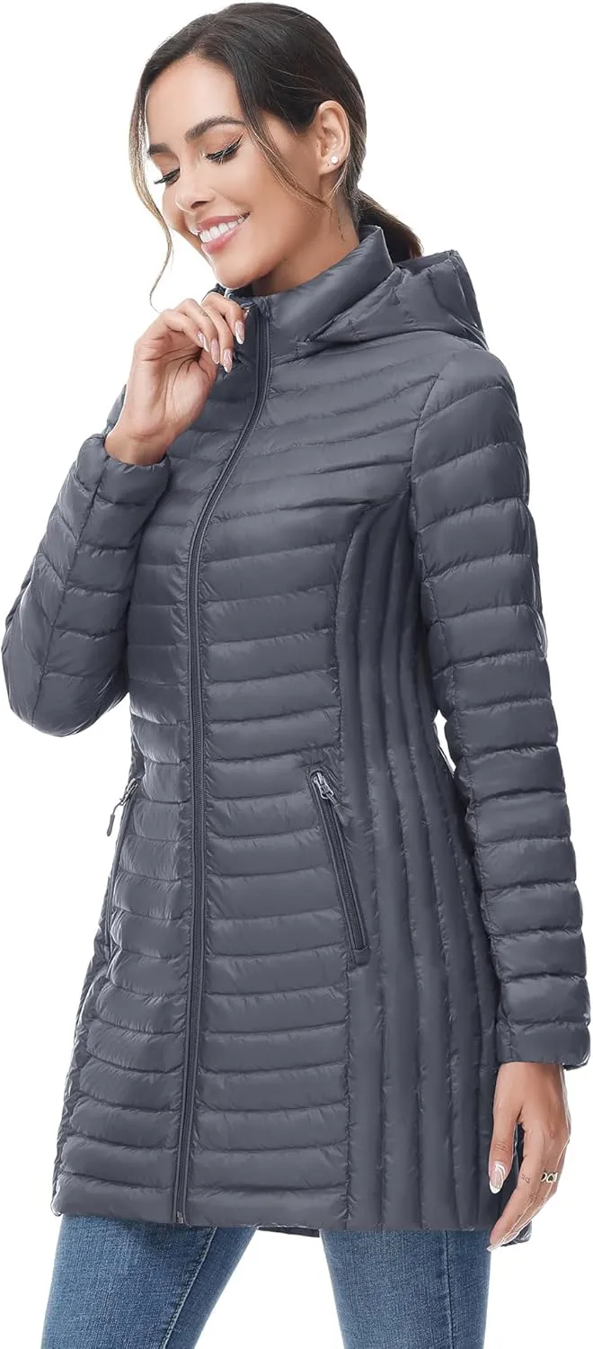 SLOW DOWN Women Ultra Light Down Jacket Packable Puffer Jacket Coat Hooded Mid Length Winter Outwear