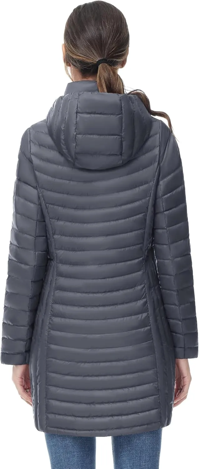 SLOW DOWN Women Ultra Light Down Jacket Packable Puffer Jacket Coat Hooded Mid Length Winter Outwear
