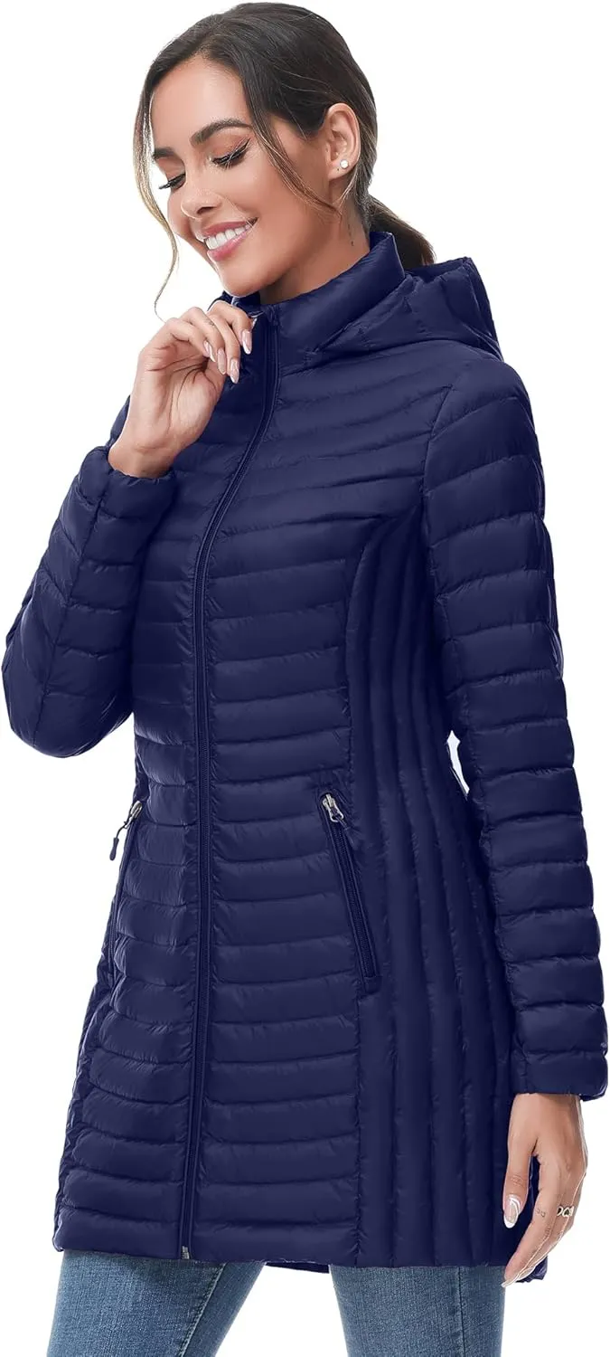 SLOW DOWN Women Ultra Light Down Jacket Packable Puffer Jacket Coat Hooded Mid Length Winter Outwear