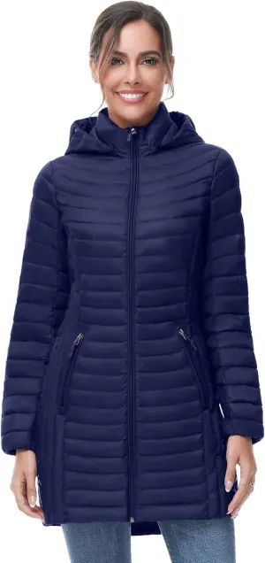 SLOW DOWN Women Ultra Light Down Jacket Packable Puffer Jacket Coat Hooded Mid Length Winter Outwear