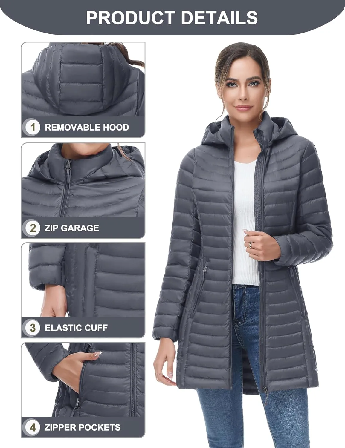 SLOW DOWN Women Ultra Light Down Jacket Packable Puffer Jacket Coat Hooded Mid Length Winter Outwear