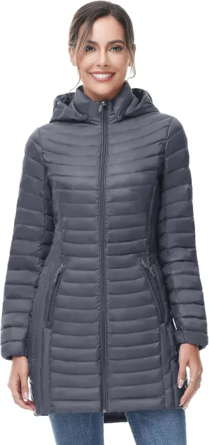 SLOW DOWN Women Ultra Light Down Jacket Packable Puffer Jacket Coat Hooded Mid Length Winter Outwear