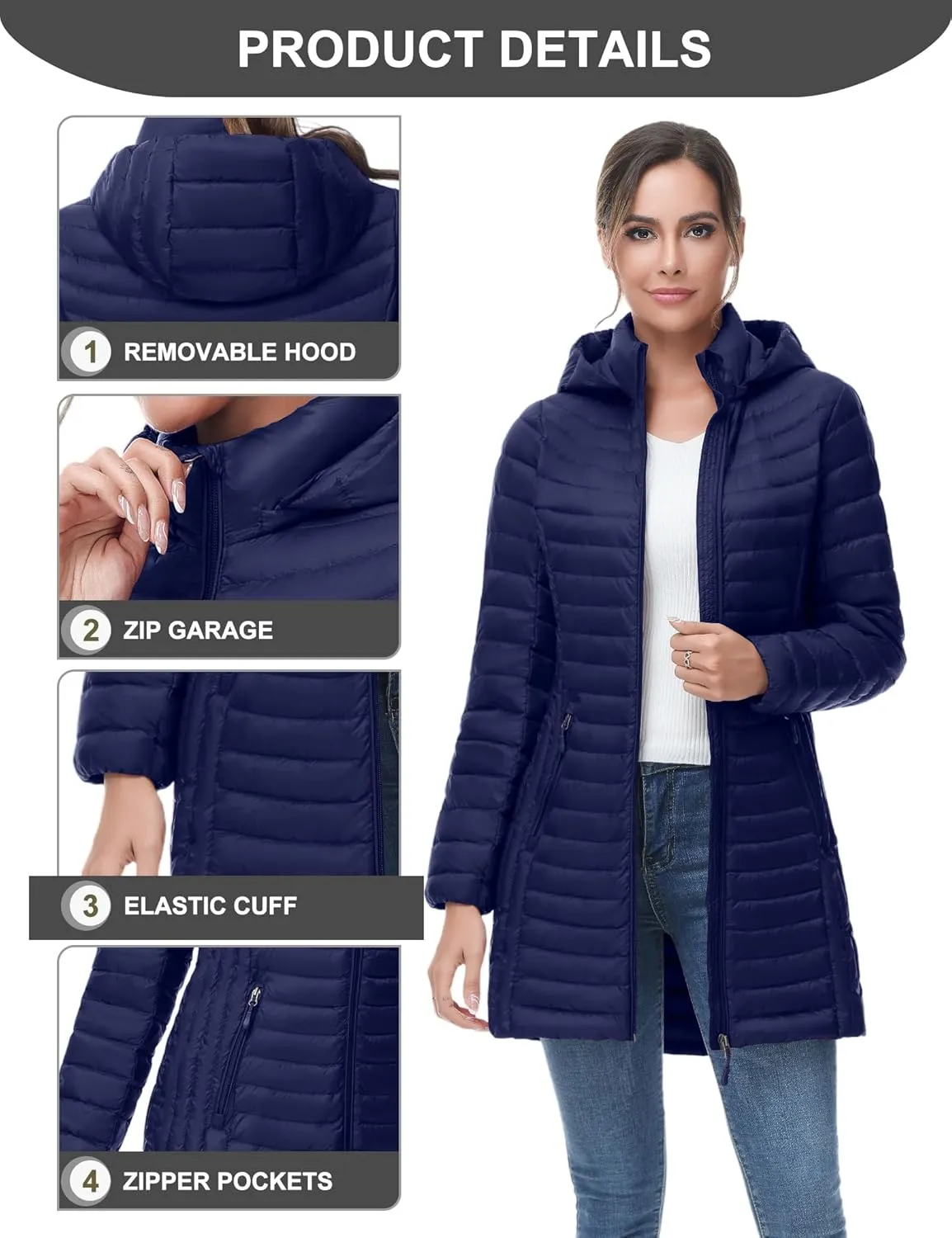 SLOW DOWN Women Ultra Light Down Jacket Packable Puffer Jacket Coat Hooded Mid Length Winter Outwear