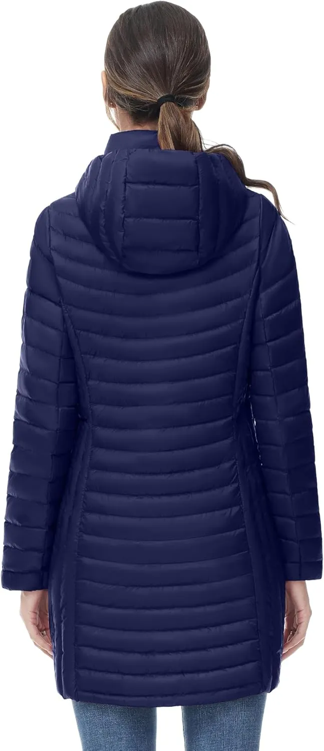 SLOW DOWN Women Ultra Light Down Jacket Packable Puffer Jacket Coat Hooded Mid Length Winter Outwear