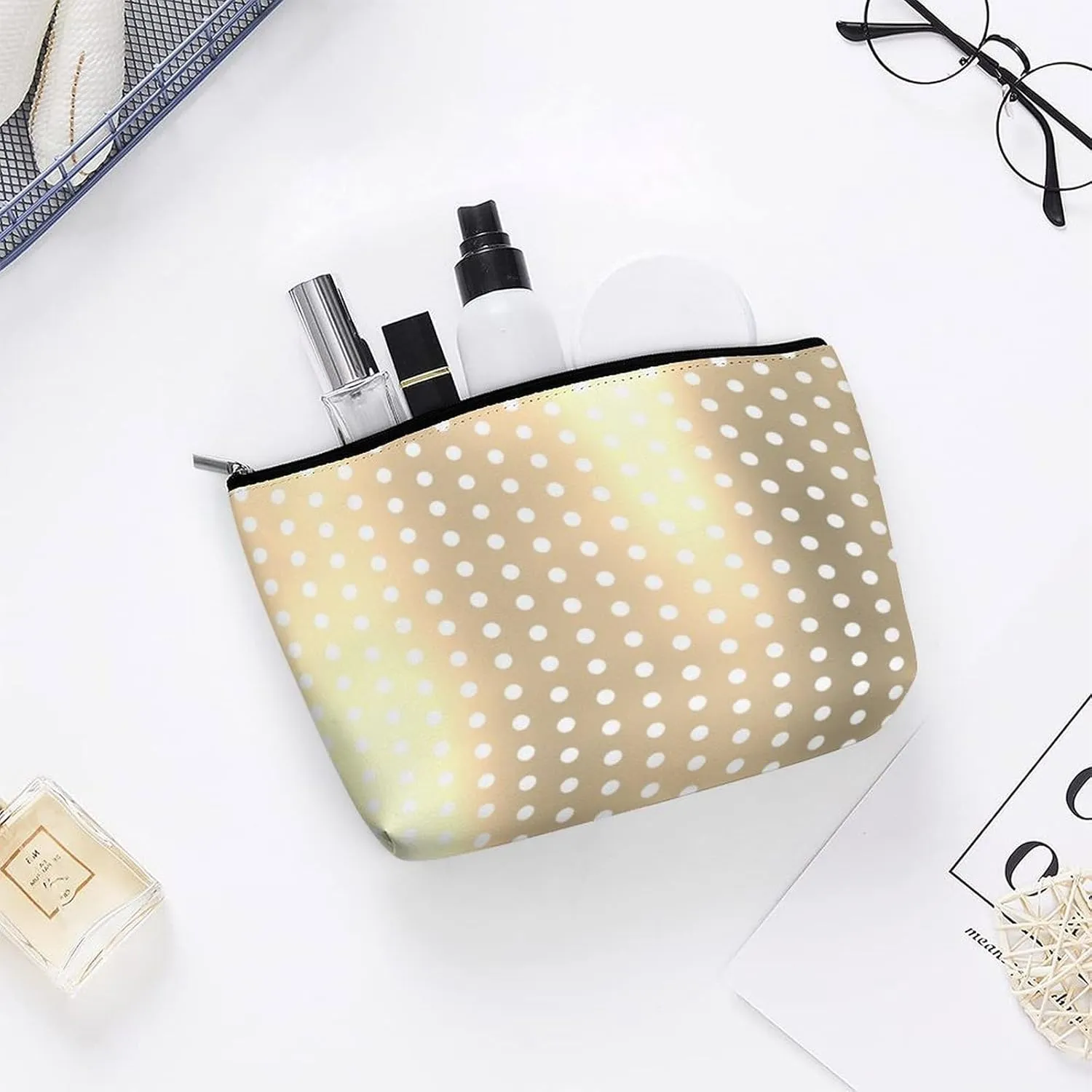 Small Cosmetic Bag, Classic Elegant Gold Polka Dots Makeup Bags Elegant Roomy Pouch for Women,Travel Toiletry Accessories Organizer