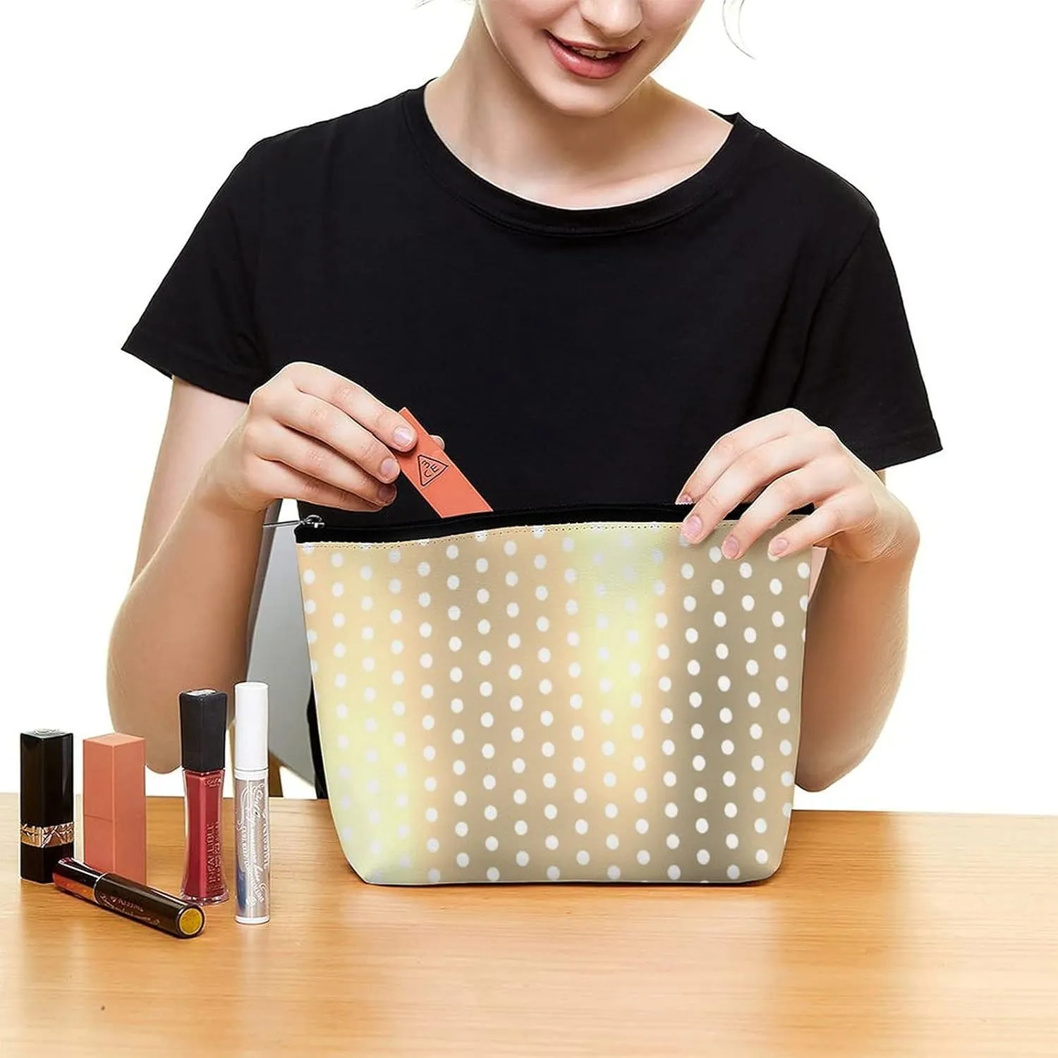 Small Cosmetic Bag, Classic Elegant Gold Polka Dots Makeup Bags Elegant Roomy Pouch for Women,Travel Toiletry Accessories Organizer