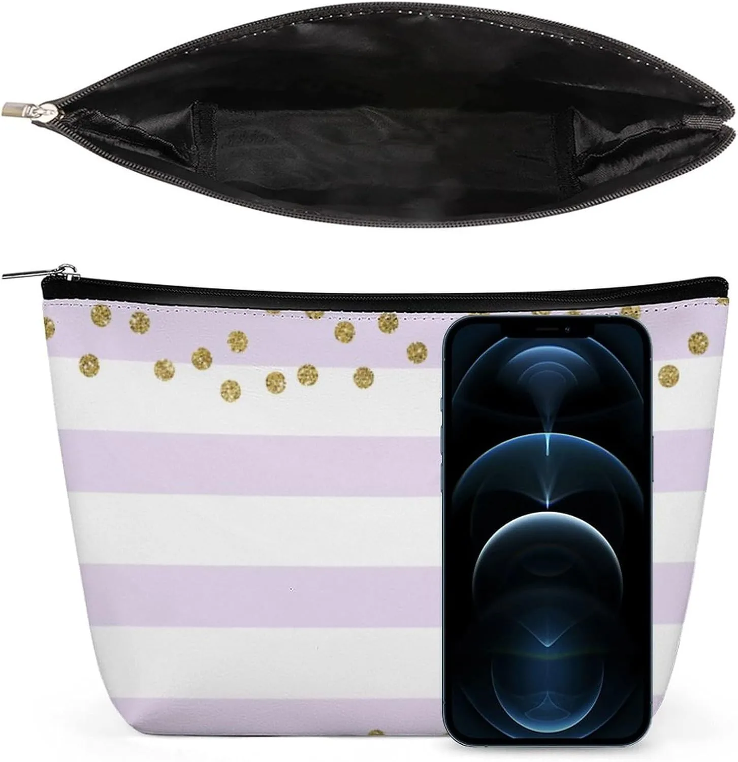 Small Cosmetic Bag, Lavender Lilac White Gold Confetti Makeup Bags Elegant Roomy Pouch for Women,Travel Toiletry Accessories Organizer