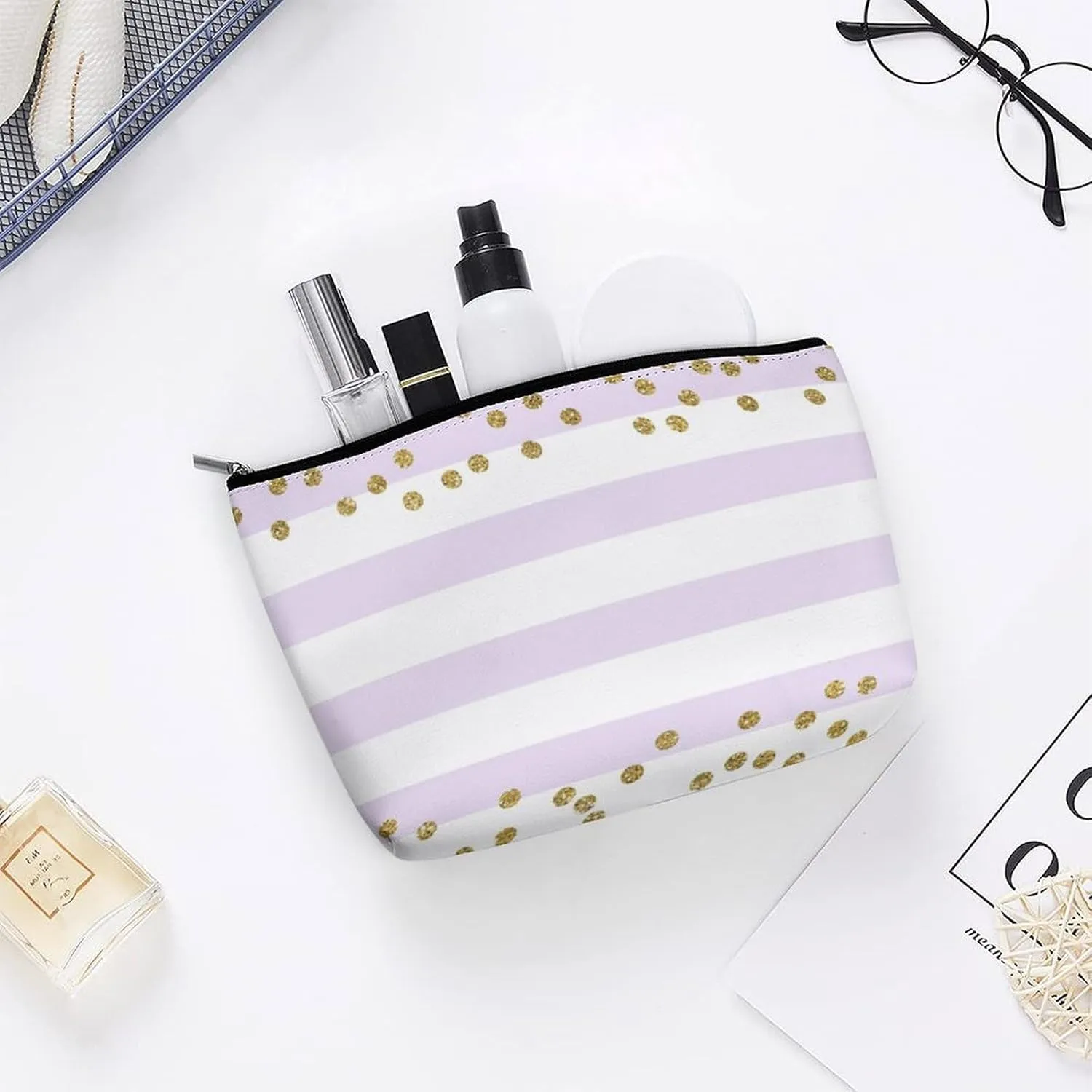 Small Cosmetic Bag, Lavender Lilac White Gold Confetti Makeup Bags Elegant Roomy Pouch for Women,Travel Toiletry Accessories Organizer