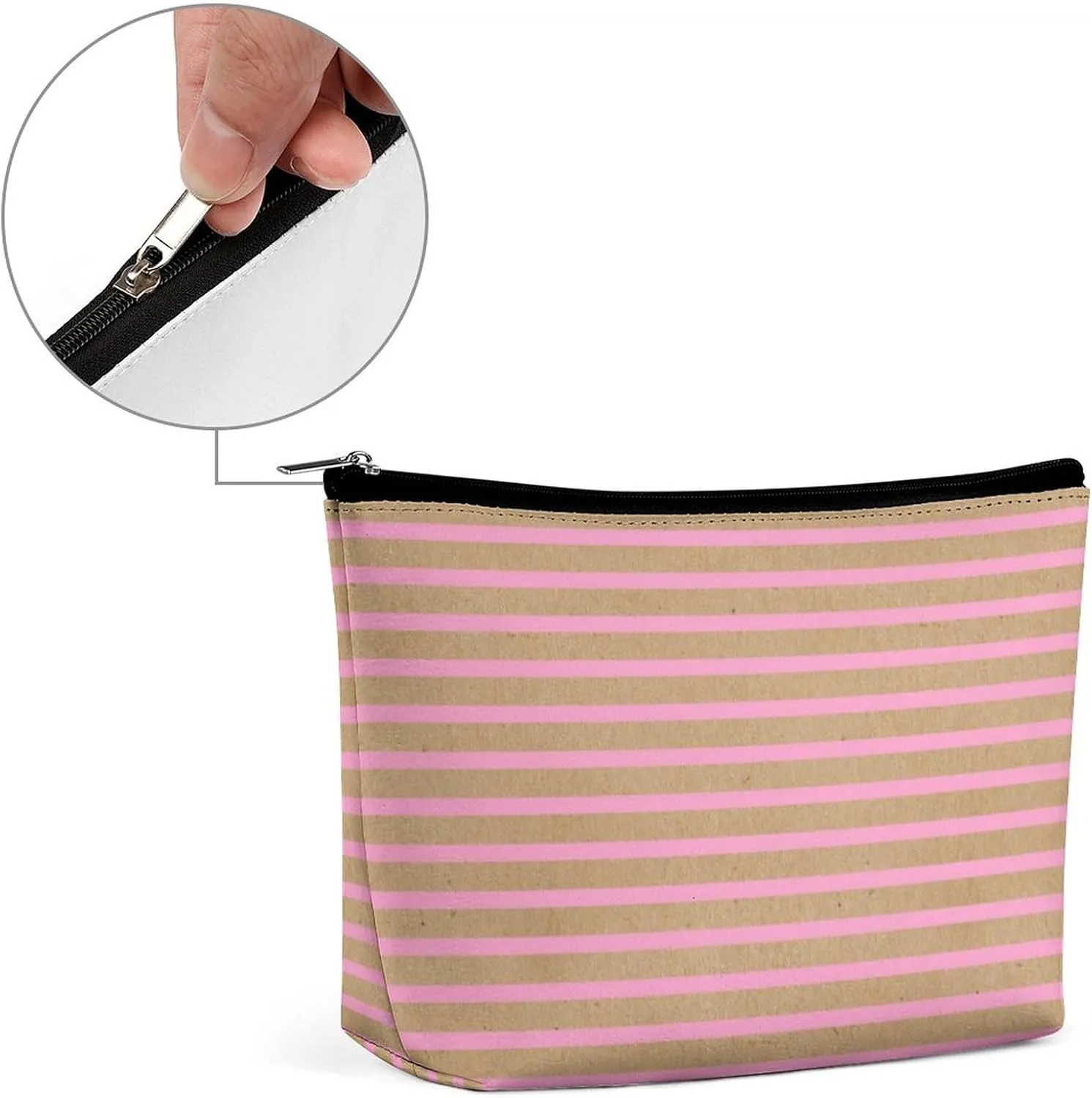 Small Cosmetic Bag, Light Summer Pink Lines on Faux Rustic Brown Makeup Bags Elegant Roomy Pouch for Women,Travel Toiletry Accessories Organizer