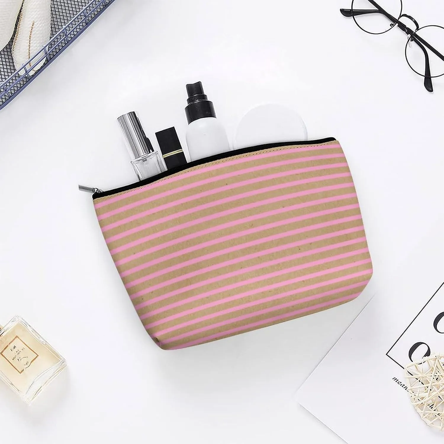 Small Cosmetic Bag, Light Summer Pink Lines on Faux Rustic Brown Makeup Bags Elegant Roomy Pouch for Women,Travel Toiletry Accessories Organizer