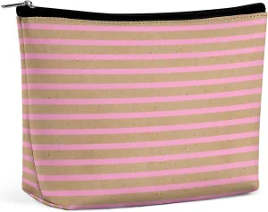 Small Cosmetic Bag, Light Summer Pink Lines on Faux Rustic Brown Makeup Bags Elegant Roomy Pouch for Women,Travel Toiletry Accessories Organizer
