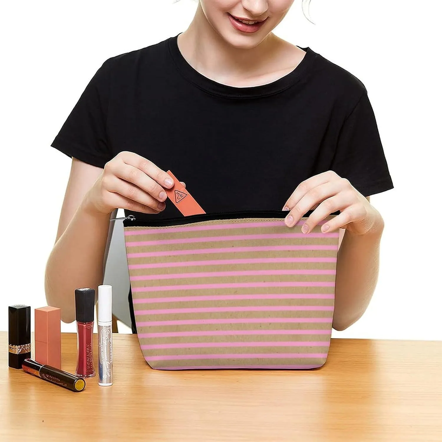 Small Cosmetic Bag, Light Summer Pink Lines on Faux Rustic Brown Makeup Bags Elegant Roomy Pouch for Women,Travel Toiletry Accessories Organizer
