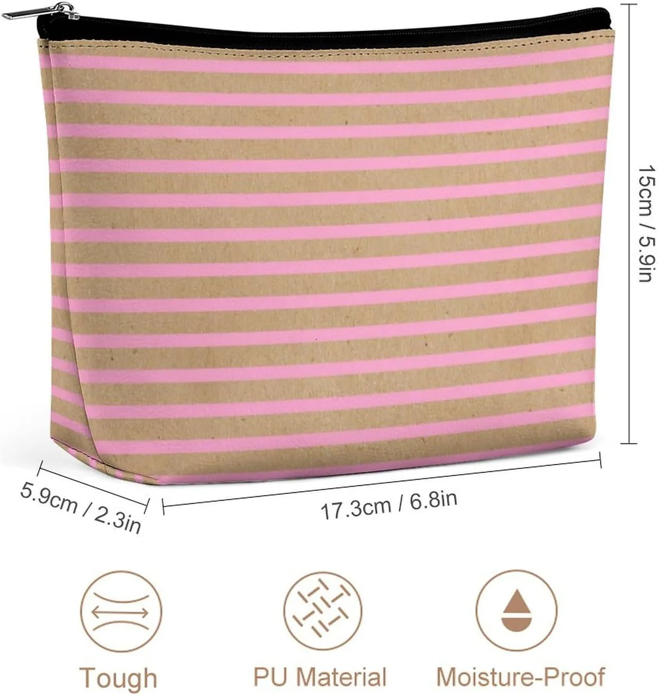 Small Cosmetic Bag, Light Summer Pink Lines on Faux Rustic Brown Makeup Bags Elegant Roomy Pouch for Women,Travel Toiletry Accessories Organizer