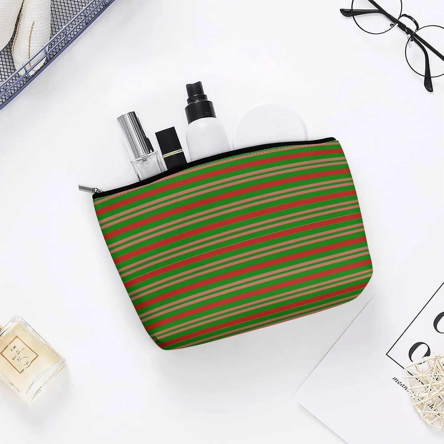 Small Cosmetic Bag, Red, Pink and Green Stripes Makeup Bags Elegant Roomy Pouch for Women,Travel Toiletry Accessories Organizer