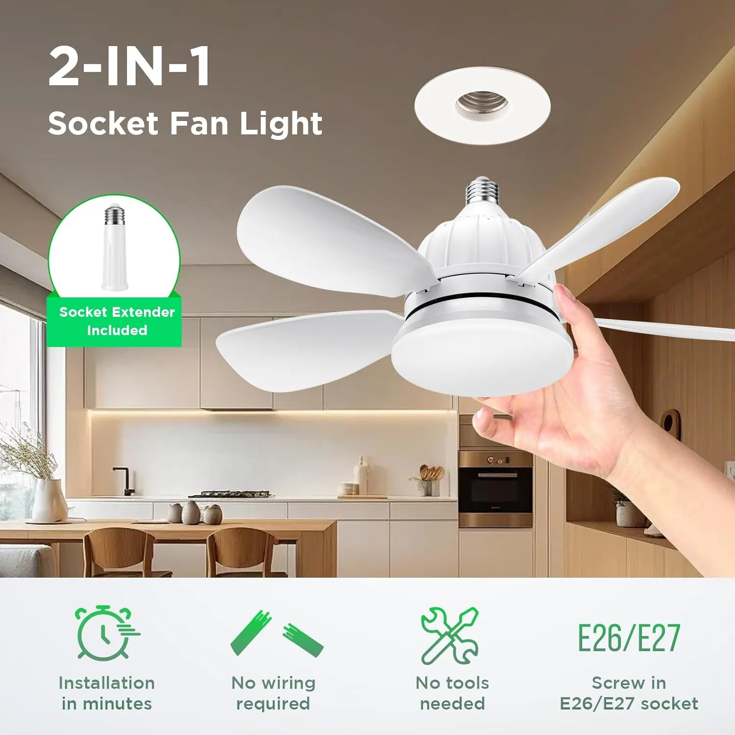 Socket Fan Light with Remote: 18'' Small Ceiling Fans with Lights, 2000 Lumens Dimmable Led Bulb, 3 Colors 3000K-6500K, Easy Install Screw in E26 Base for Bedroom Living Room Kitchen Garage