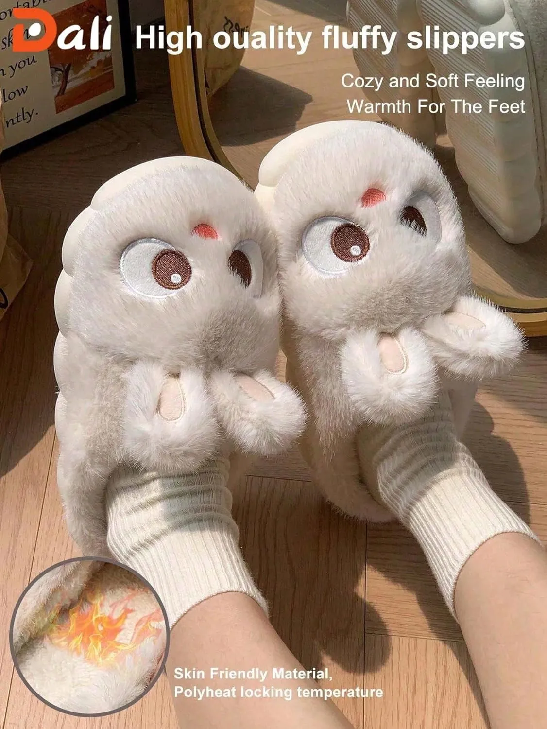 Soft Slippers Plush 3D Bunny Ear Cozy Warm Fuzzy Indoor Shoes for Women Cute Animal Ears House Slippers Non-Slip Winter Home Footwear Comfortable Gift