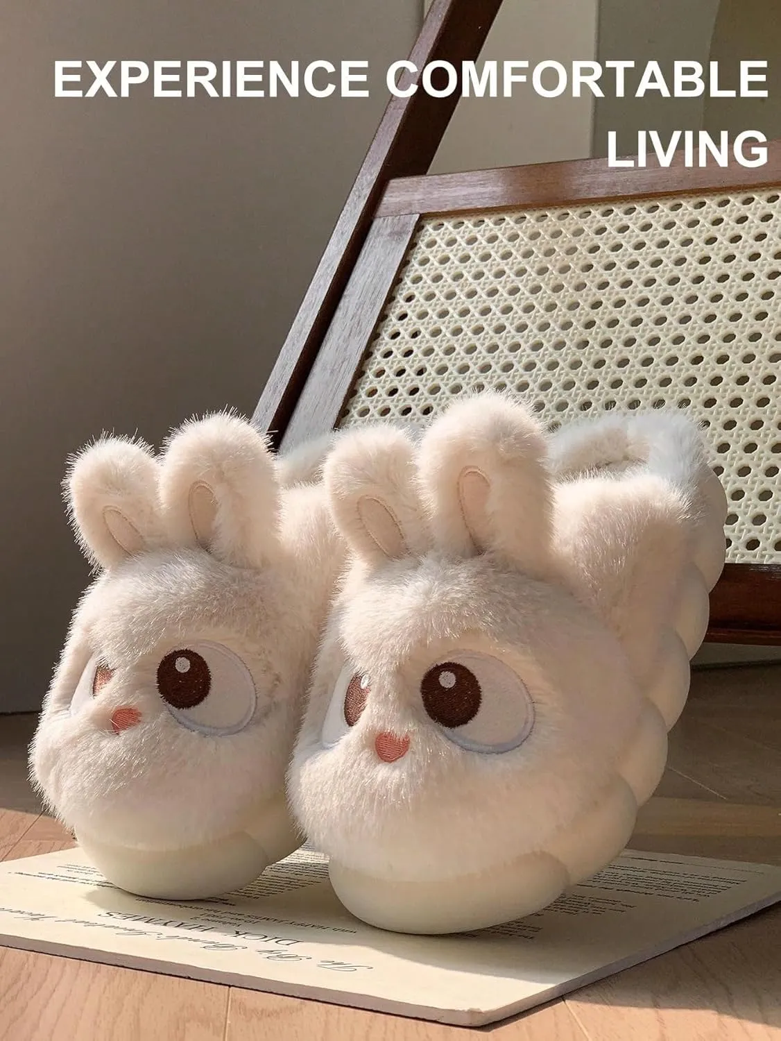 Soft Slippers Plush 3D Bunny Ear Cozy Warm Fuzzy Indoor Shoes for Women Cute Animal Ears House Slippers Non-Slip Winter Home Footwear Comfortable Gift