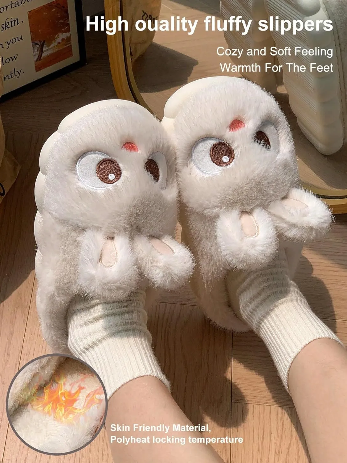 Soft Slippers Plush 3D Bunny Ear Cozy Warm Fuzzy Indoor Shoes for Women Cute Animal Ears House Slippers Non-Slip Winter Home Footwear Comfortable Gift