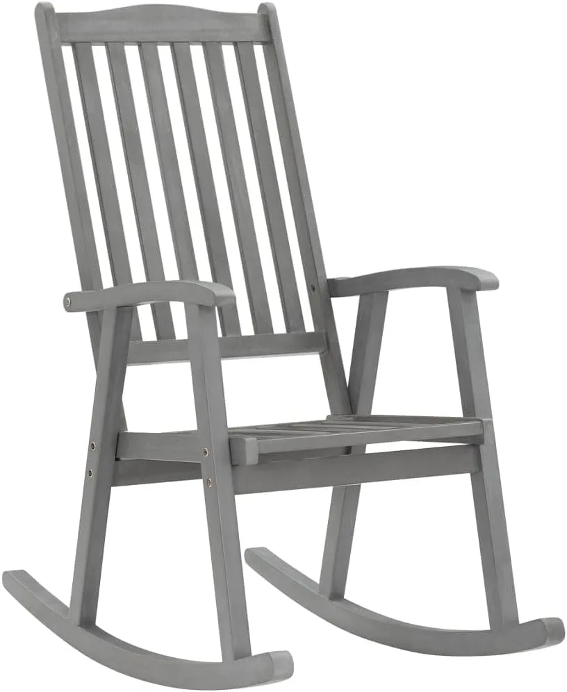 Solid Acacia Wood Rocking Chair with Cushions Gray Outdoor Indoor Rocker High Backrest Weather-Resistant Patio Furniture for Living Room, Porch, Deck