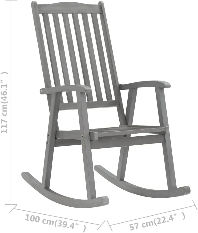 Solid Acacia Wood Rocking Chair with Cushions Gray Outdoor Indoor Rocker High Backrest Weather-Resistant Patio Furniture for Living Room, Porch, Deck