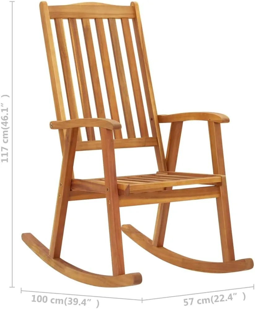 Solid Acacia Wood Rocking Chair with Cushions Outdoor Indoor Use, Green Oil Finish High Back Lounge Chair for Patio, Living Room, Porch, Deck