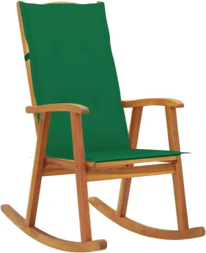 Solid Acacia Wood Rocking Chair with Cushions Outdoor Indoor Use, Green Oil Finish High Back Lounge Chair for Patio, Living Room, Porch, Deck
