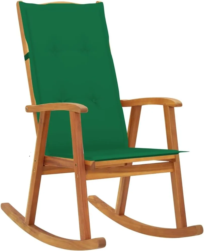 Solid Acacia Wood Rocking Chair with Cushions Outdoor Indoor Use, Green Oil Finish High Back Lounge Chair for Patio, Living Room, Porch, Deck