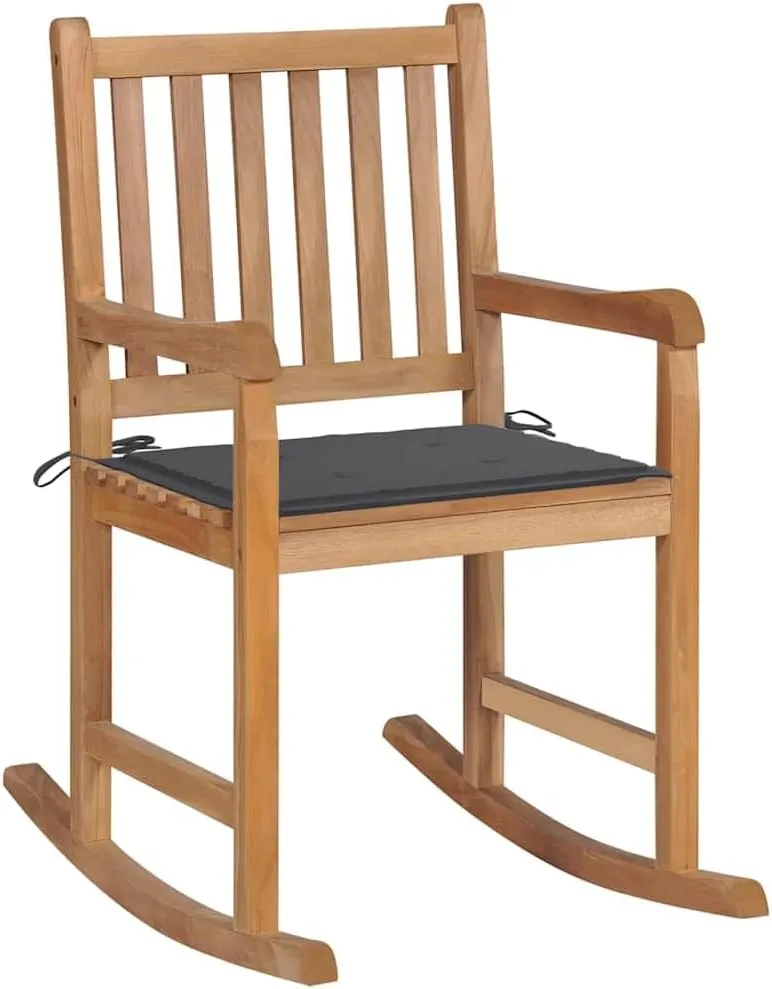 Solid Teak Wood Rocking Chair with Anthracite Cushion for Indoor and Outdoor Use Relaxing Patio Lounge Beach Reading Chair Weather Resistant Wooden Rocker