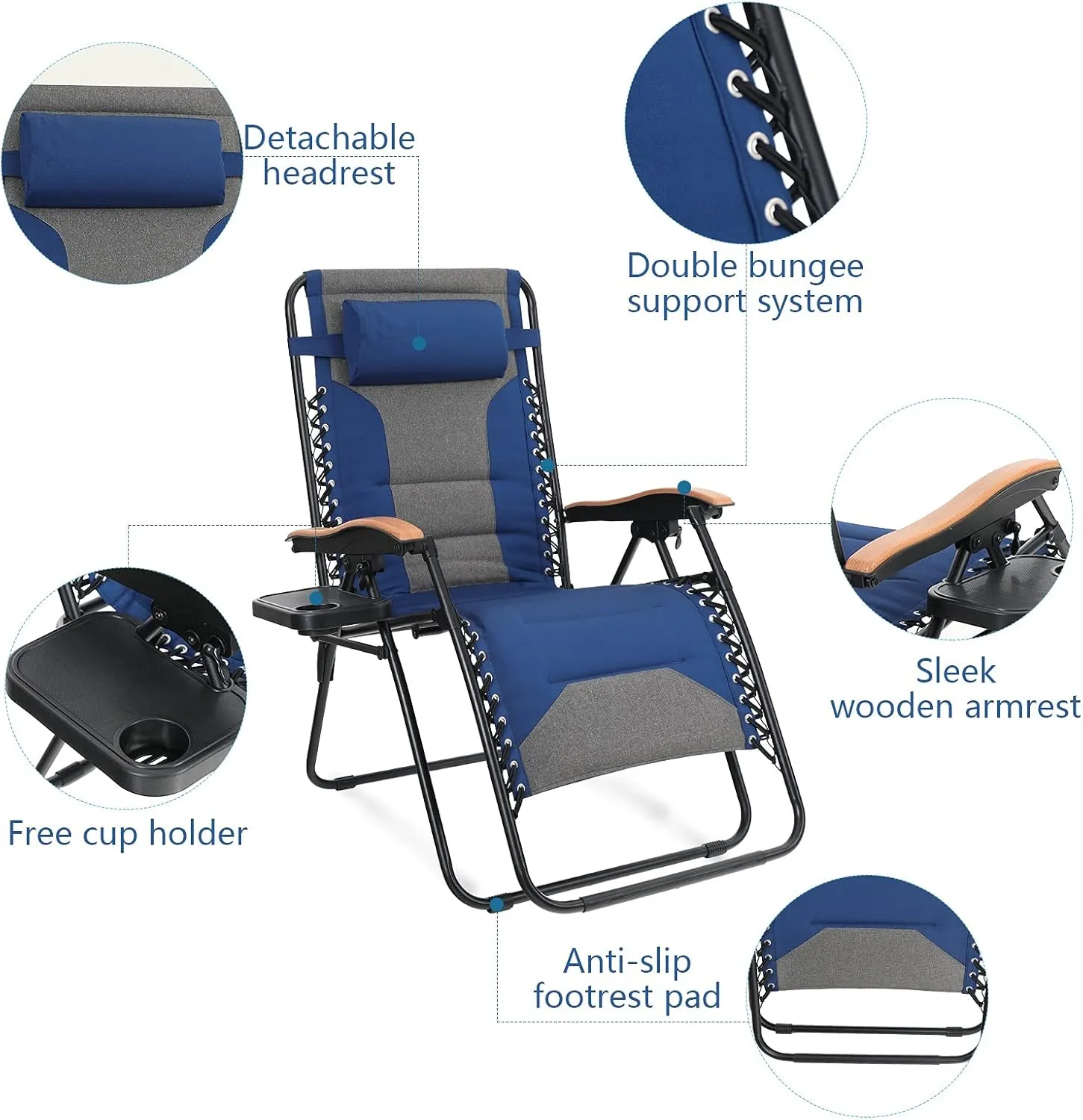 Sophia & William Oversize Zero Gravity Chair 2 Pack, Padded Lounge Chair with Free Cup Holder, Supports 350 LBS (Blue)