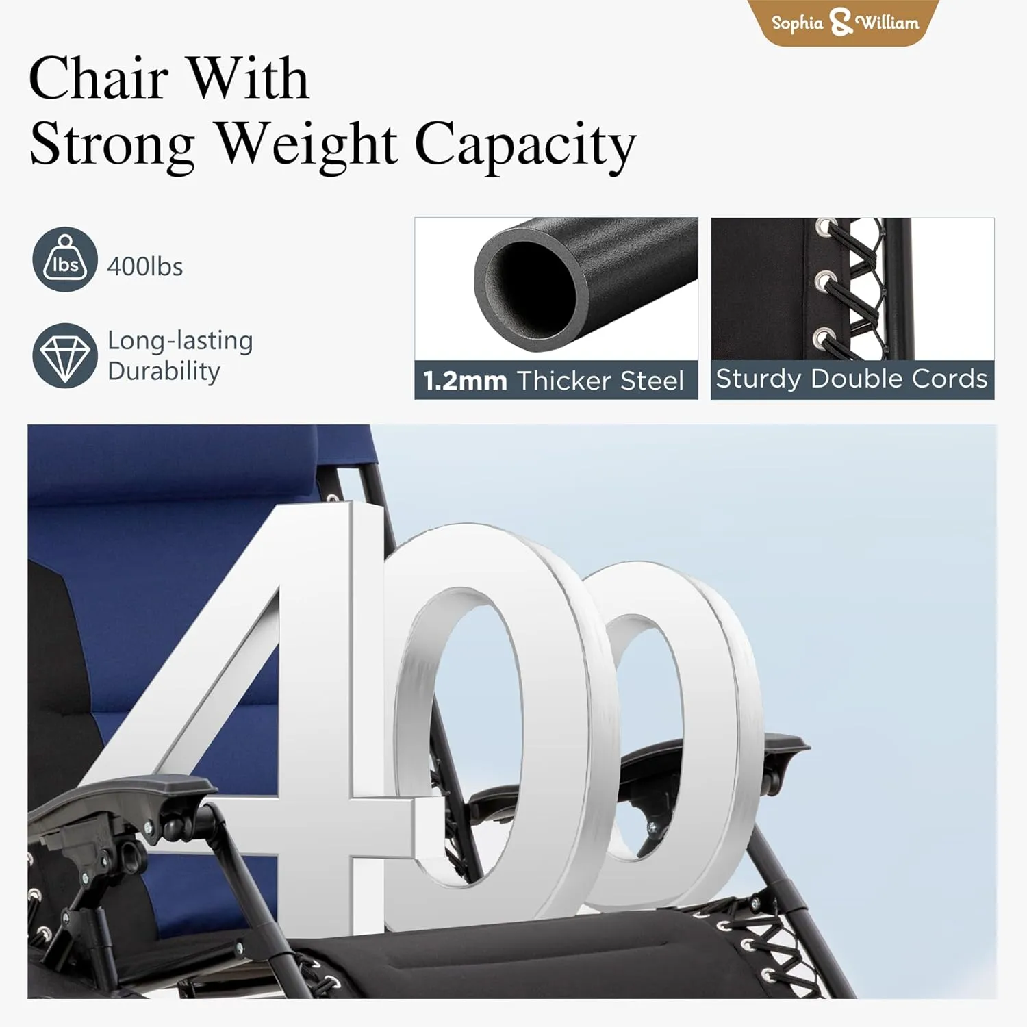 Sophia & William Oversized XL Zero Gravity Recliner Chair Set of 2 Padded, Folding Reclining Lounge Chair with Wide Armrest and Cup Holder, Support 400 LBS, Blue