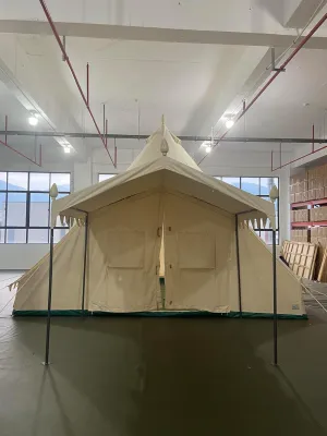 Spacious Canvas Tent for Family Camping with Porch, Durable 4-Season Design, Easy Setup, Beige