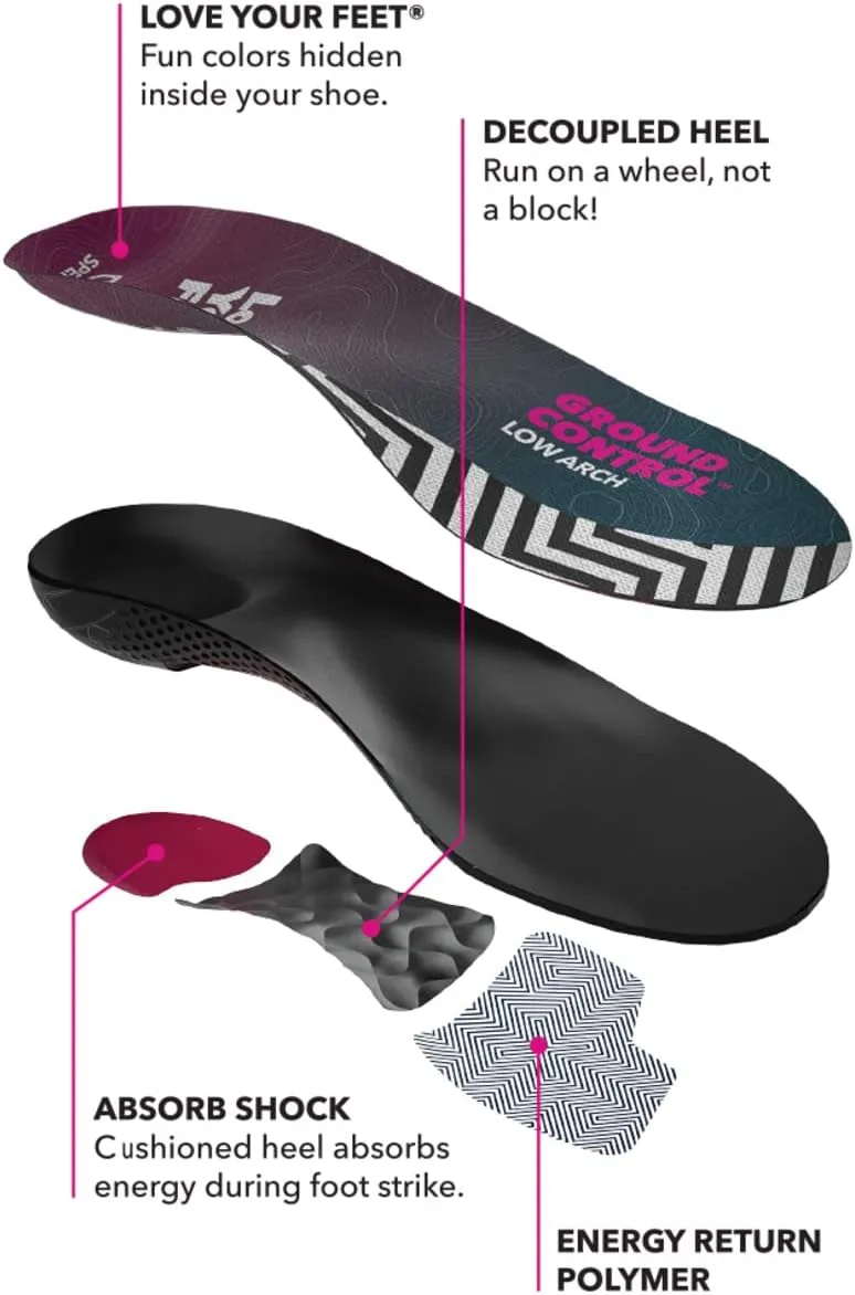 Spenco Ground Control Shoe Insoles for Women and Men, Low Arch, Women's 9-10 / Men's 8-9