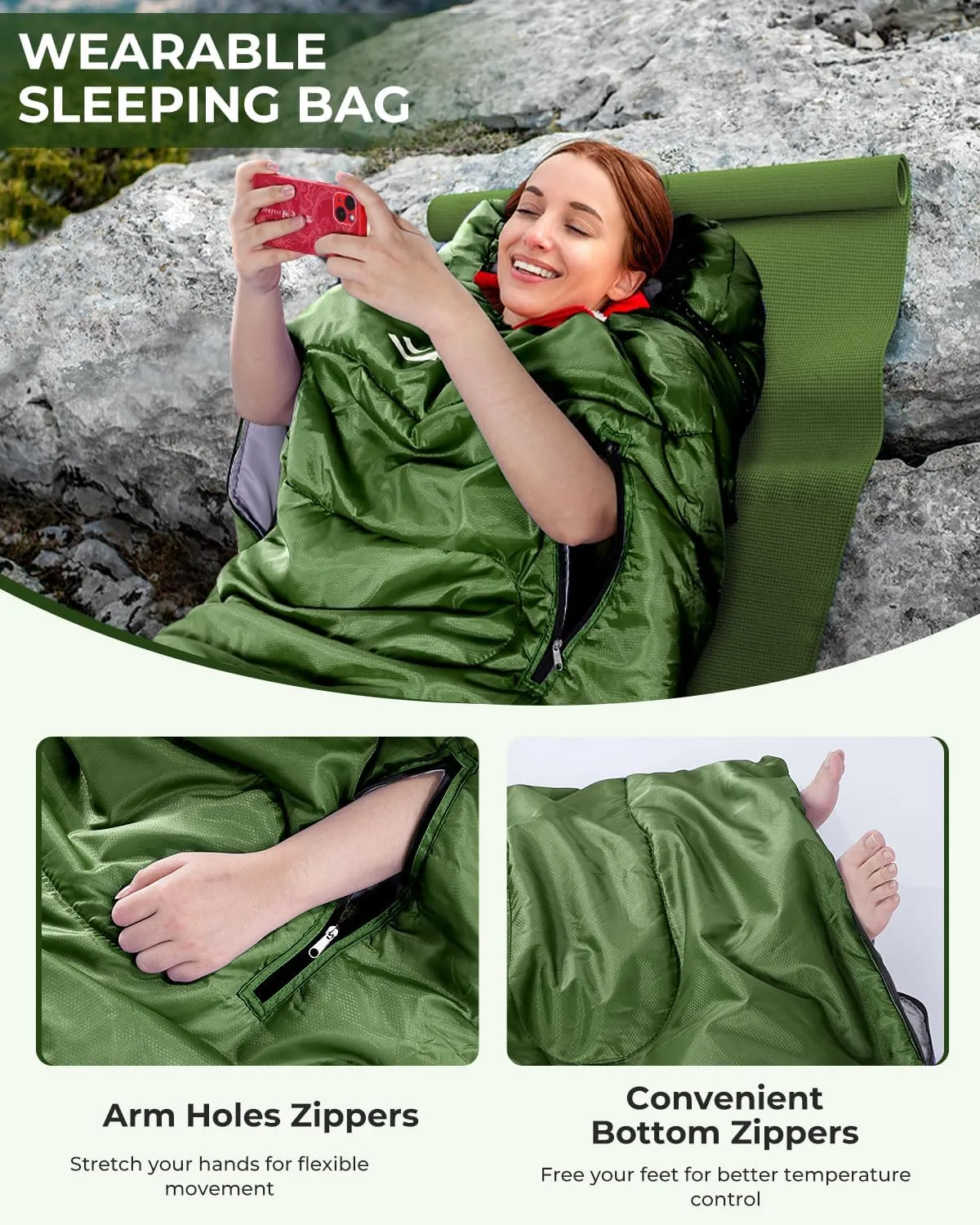 Sportneer Sleeping Bag - Wearable for Adults & Kids with Arm Zipper Holes in Cold & Warm Weather, Waterproof Portable Sleeping Bag for Camping, Hiking, Backpacking, Outdoor Travel
