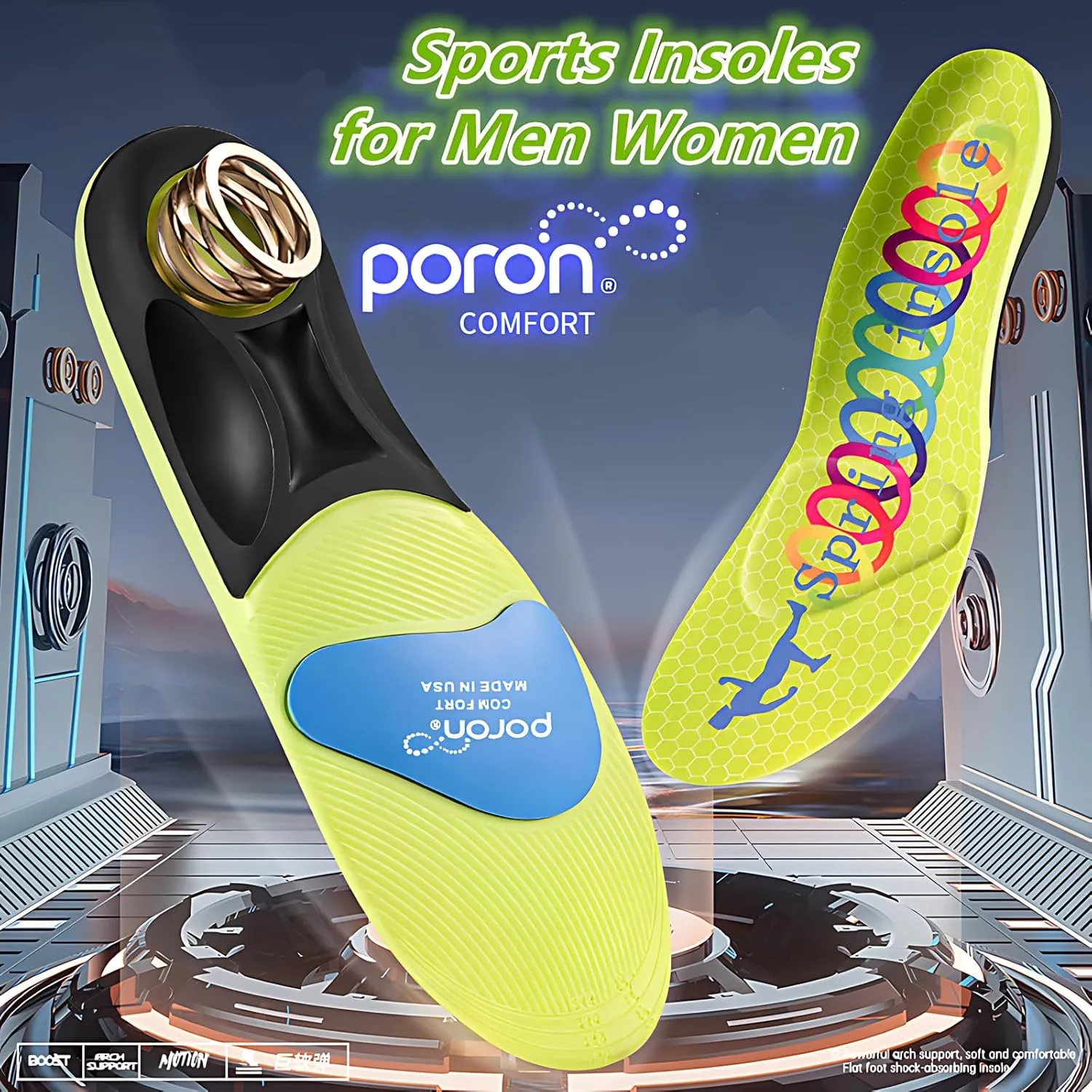 Springs with Airbag Sports Insoles for Men Women, Running Memory Foam Insoles for Shock Absorption, Plantar Fasciitis Arch Support Insoles (Green, Men 9-11/ Women 10-12-300mm)