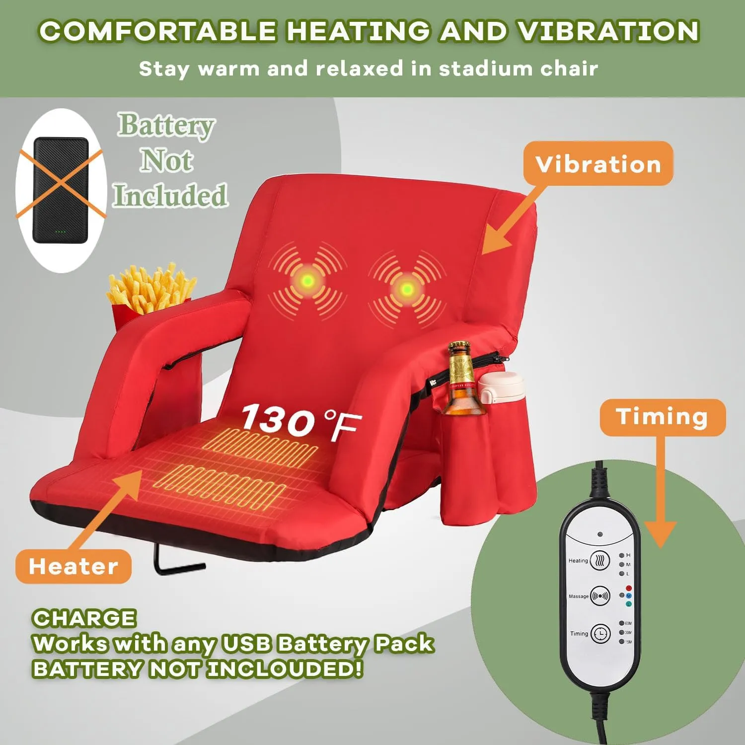 Stadium Seats for Bleachers-3 Heat Settings Backrest&Seat Cushion with Support, Portable Folding Stadium Chair with 6 Reclining, Storage Cup Holder for Football Games/Camping/Concerts (Heated, Red)