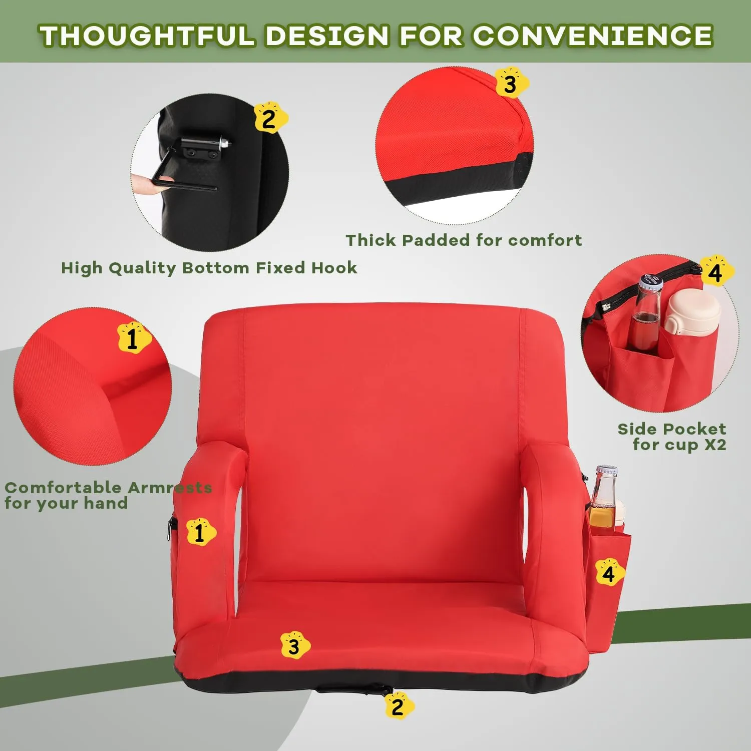Stadium Seats for Bleachers-3 Heat Settings Backrest&Seat Cushion with Support, Portable Folding Stadium Chair with 6 Reclining, Storage Cup Holder for Football Games/Camping/Concerts (Heated, Red)
