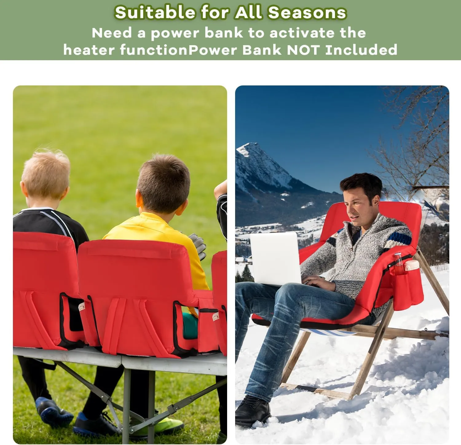 Stadium Seats for Bleachers-3 Heat Settings Backrest&Seat Cushion with Support, Portable Folding Stadium Chair with 6 Reclining, Storage Cup Holder for Football Games/Camping/Concerts (Heated, Red)