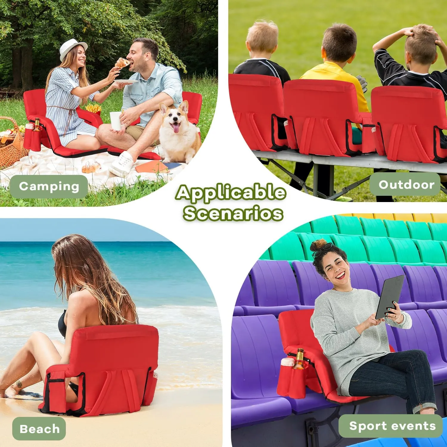 Stadium Seats for Bleachers-3 Heat Settings Backrest&Seat Cushion with Support, Portable Folding Stadium Chair with 6 Reclining, Storage Cup Holder for Football Games/Camping/Concerts (Heated, Red)