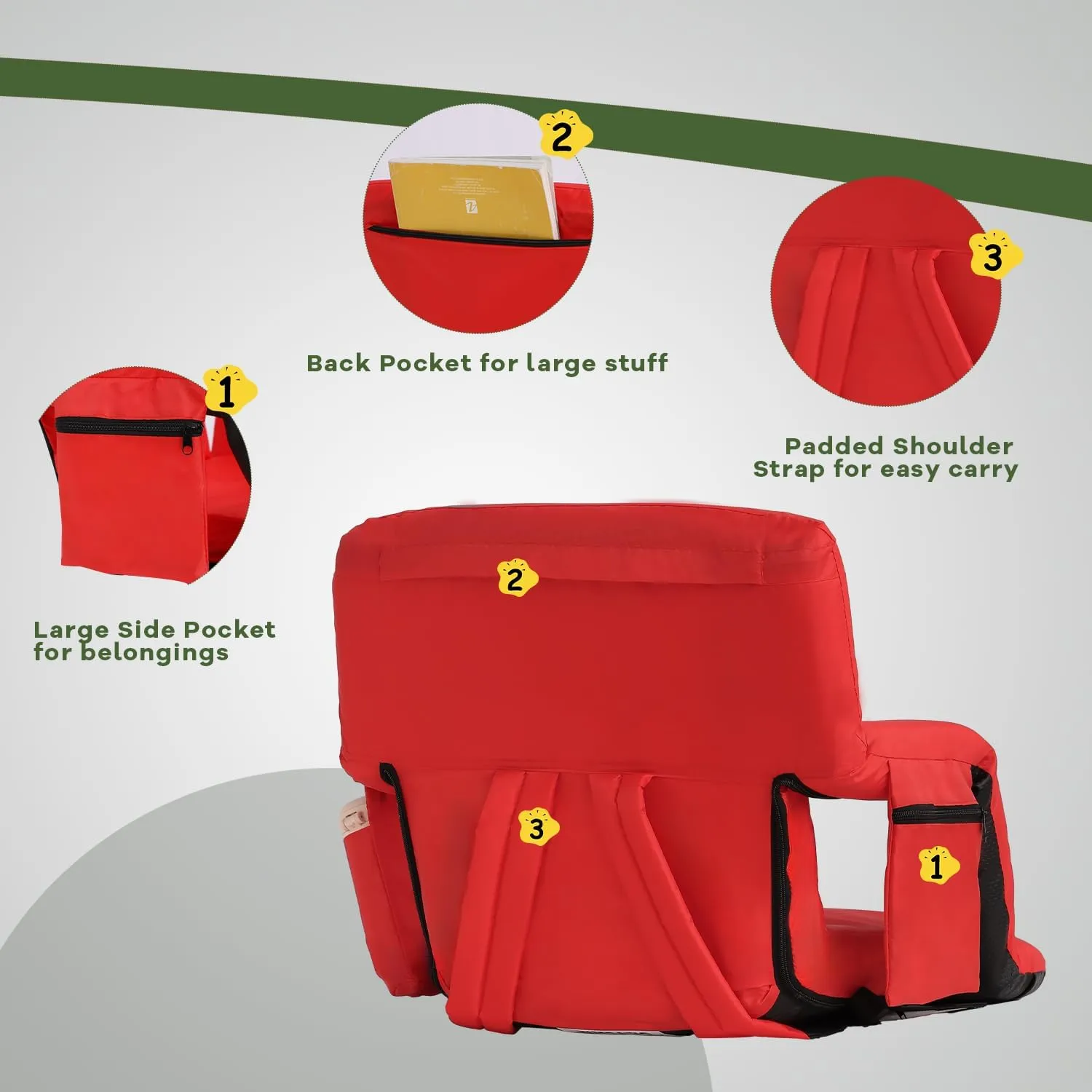 Stadium Seats for Bleachers-3 Heat Settings Backrest&Seat Cushion with Support, Portable Folding Stadium Chair with 6 Reclining, Storage Cup Holder for Football Games/Camping/Concerts (Heated, Red)
