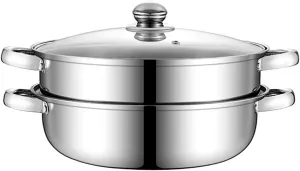Stainless Steel Steamer Pot Set, 3-Piece Stackable with Vented Tempered Glass Lid – 11.2-inch, Ideal for Induction & Gas Cooking