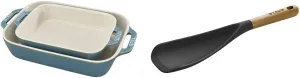 STAUB Ceramics Rectangular Baking Dish Set, Casserole Dish, Baking Pans for Lasagna, Cake, 2-Piece, Rustic Turquoise & 2-in-1 Spatula Spoon, Matte Black