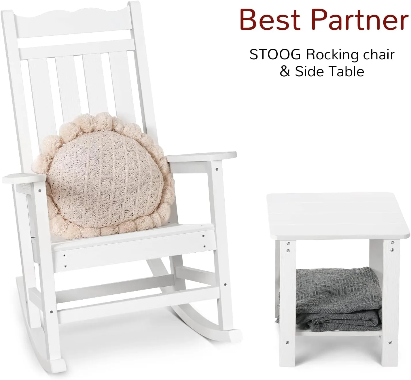 Stoog Set of 2 Outdoor Rocking Chairs, HIPS Plastic Porch Rocker with 400 lbs Weight Capacity, for Backyard, Fire Pit, Lawn, Garden and Indoor (White)