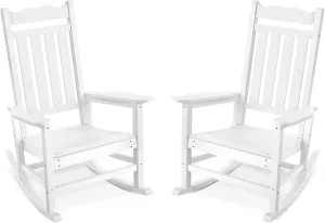 Stoog Set of 2 Outdoor Rocking Chairs, HIPS Plastic Porch Rocker with 400 lbs Weight Capacity, for Backyard, Fire Pit, Lawn, Garden and Indoor (White)