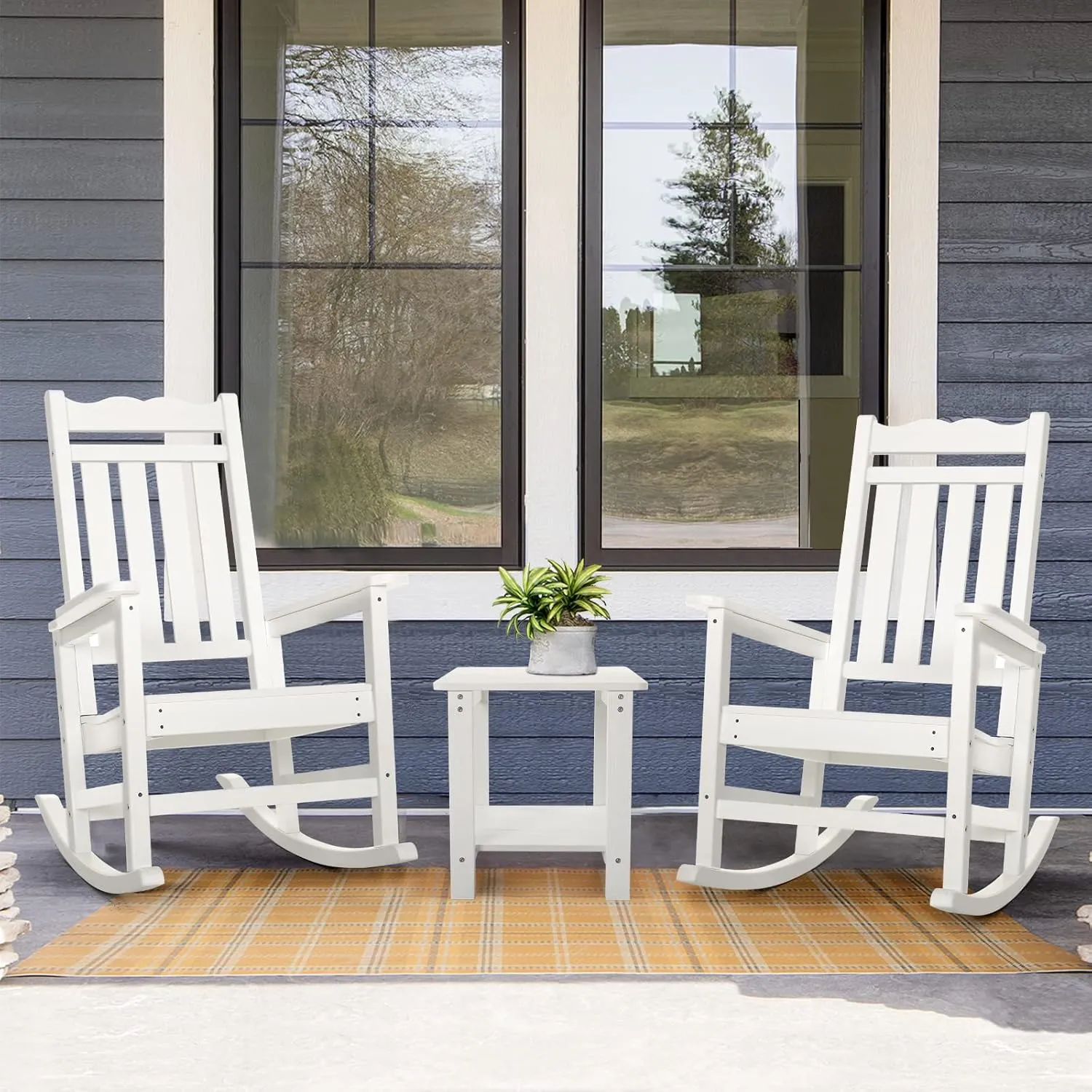 Stoog Set of 2 Outdoor Rocking Chairs, HIPS Plastic Porch Rocker with 400 lbs Weight Capacity, for Backyard, Fire Pit, Lawn, Garden and Indoor (White)