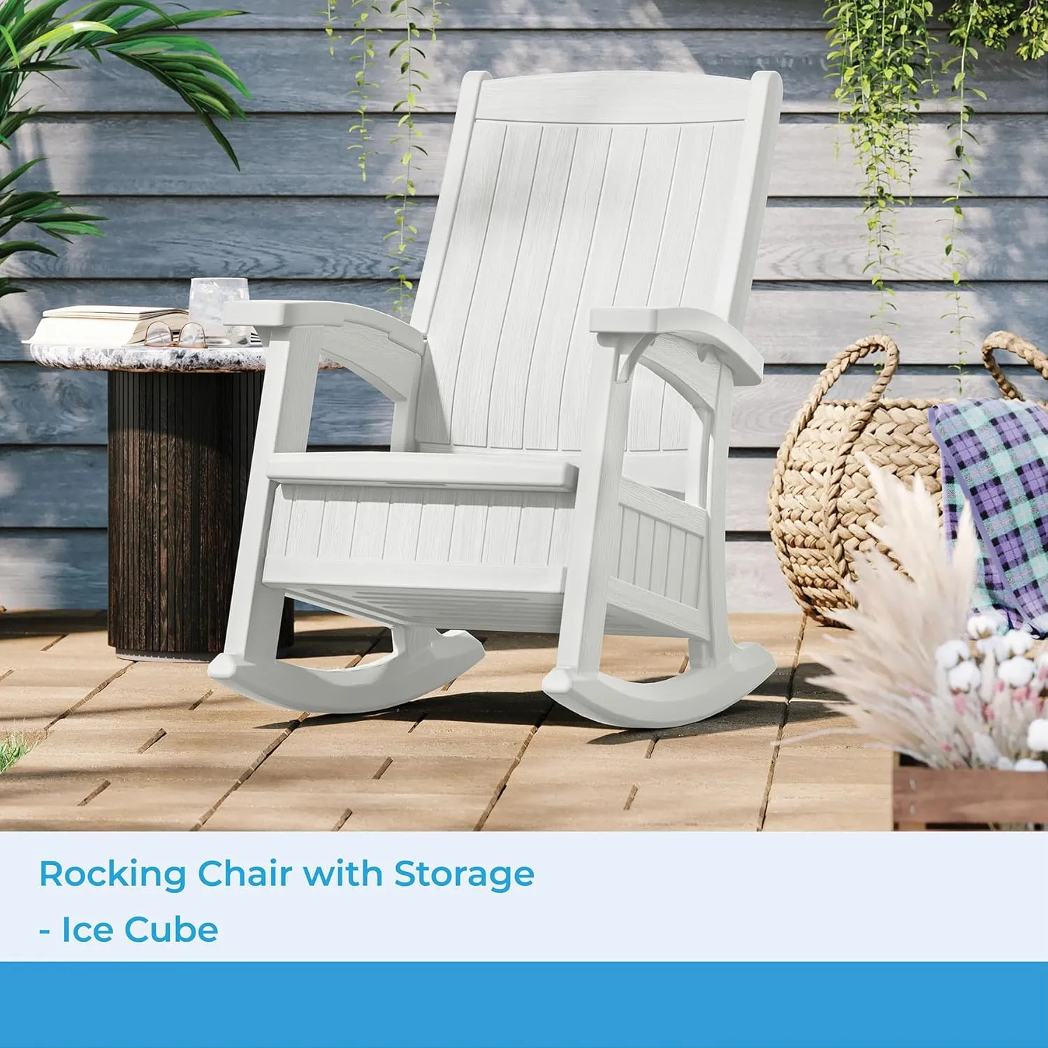 Suncast Outdoor Patio Rocking Chair with 7 Gal. of Under-Seat Storage, Stylish Faux Wood Outdoor Rocker for Patios, Ice Cube