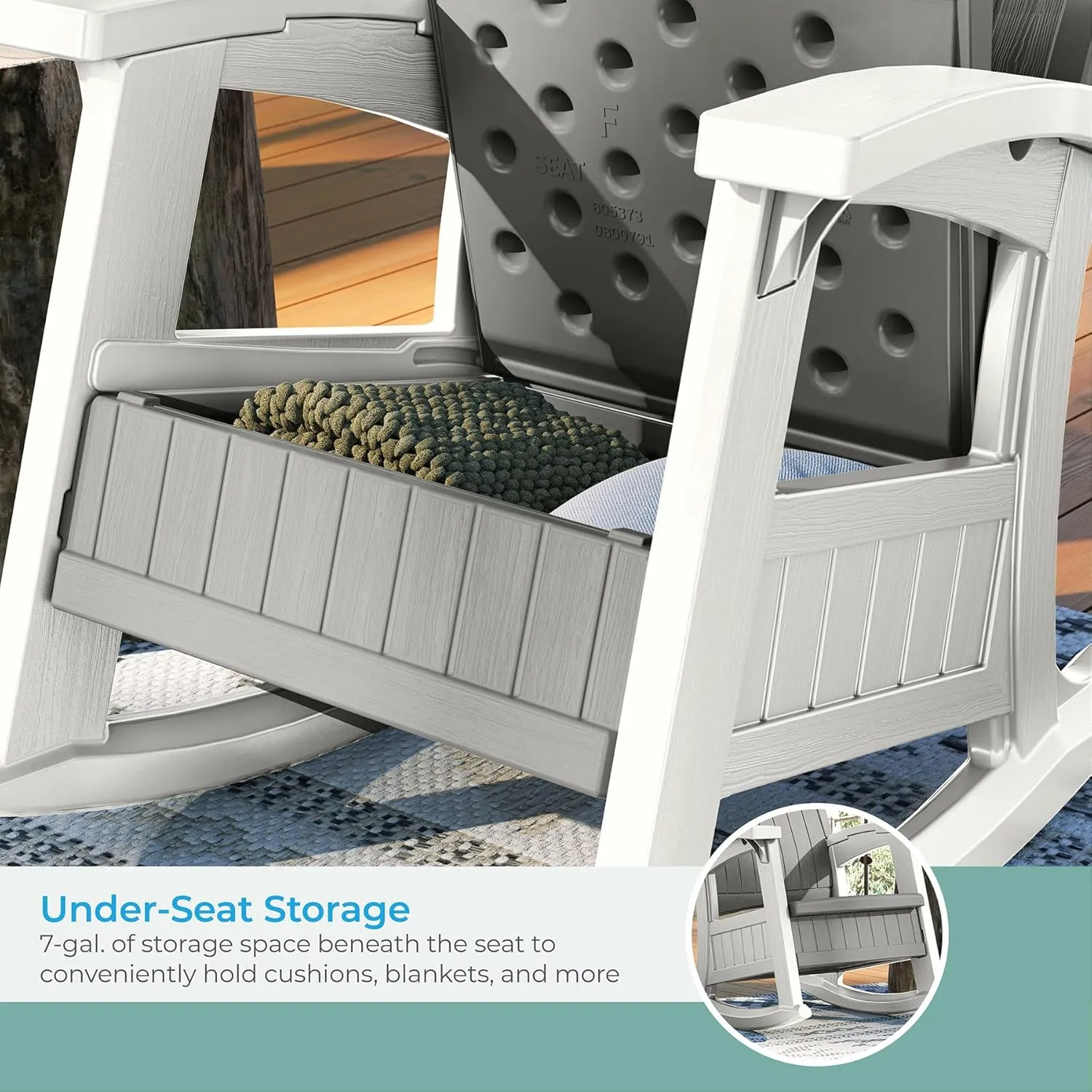 Suncast Outdoor Patio Rocking Chair with Under-Seat Storage, Stylish Faux Wood Outdoor Rocker for Patios, Dove Gray and Ice Cube, Made in The USA