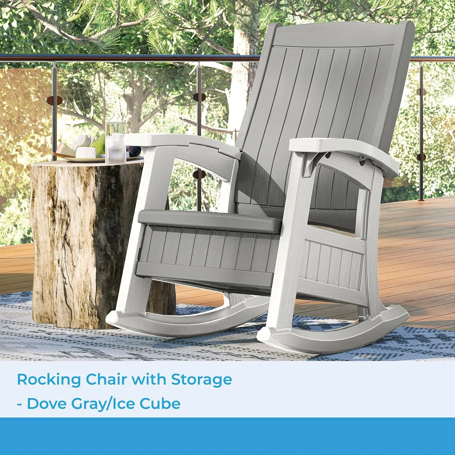 Suncast Outdoor Patio Rocking Chair with Under-Seat Storage, Stylish Faux Wood Outdoor Rocker for Patios, Dove Gray and Ice Cube, Made in The USA