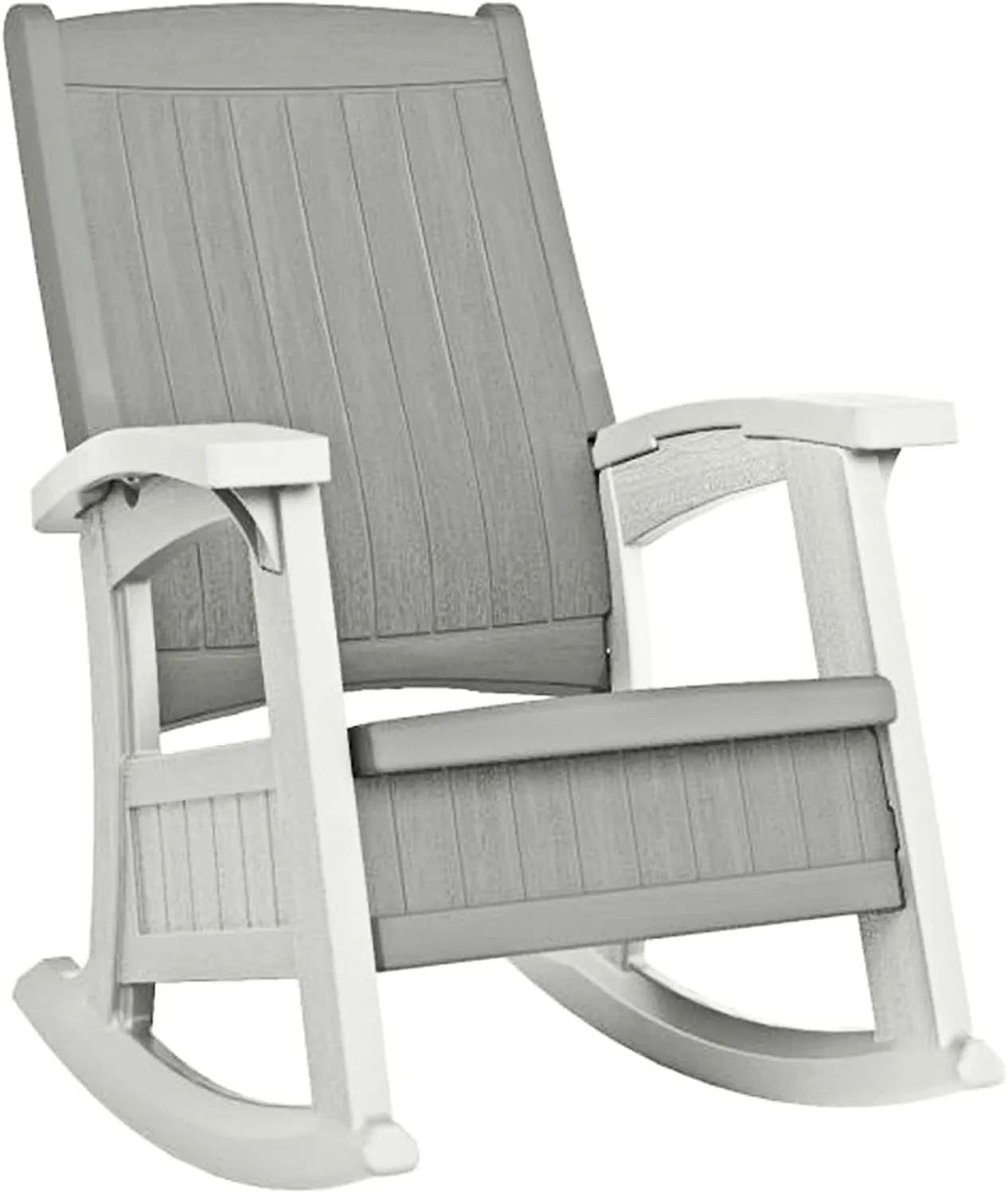 Suncast Outdoor Patio Rocking Chair with Under-Seat Storage, Stylish Faux Wood Outdoor Rocker for Patios, Dove Gray and Ice Cube, Made in The USA