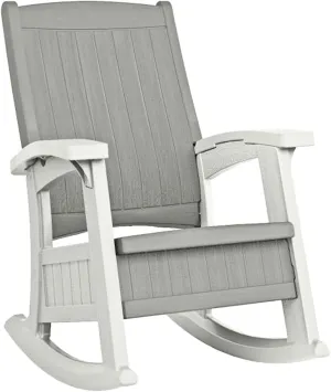 Suncast Outdoor Patio Rocking Chair with Under-Seat Storage, Stylish Faux Wood Outdoor Rocker for Patios, Dove Gray and Ice Cube, Made in The USA