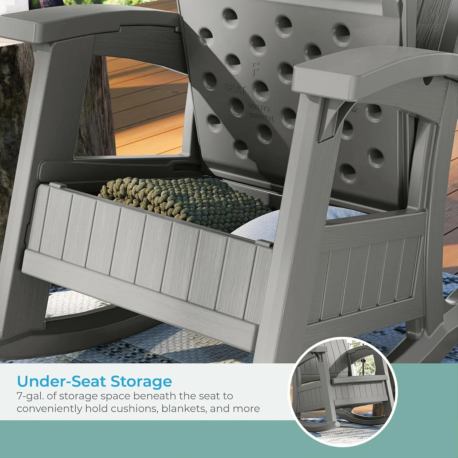 Suncast Outdoor Patio Rocking Chair with Under-Seat Storage, Stylish Faux Wood Outdoor Rocker for Patios, Dove Gray, Made in The USA